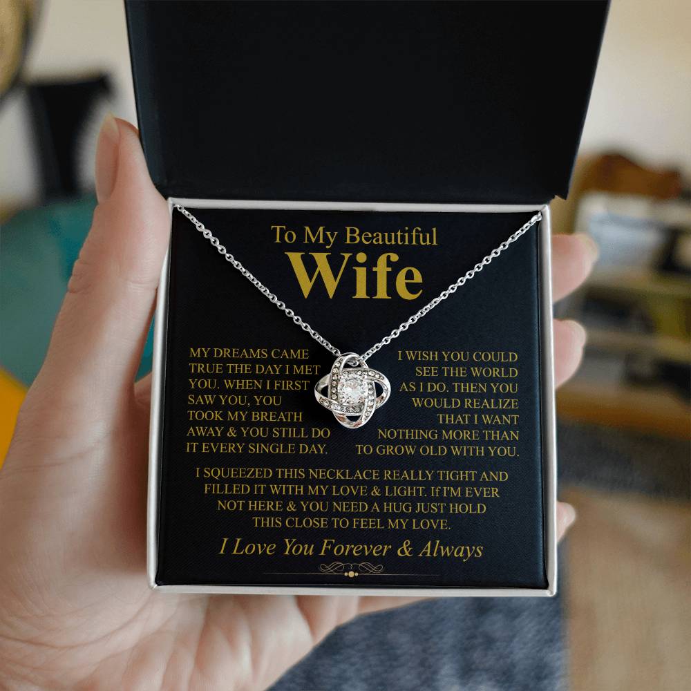 To My Beautiful Wife - Grow Old With You - Love Knot Necklace (Yellow & White Gold Variants)