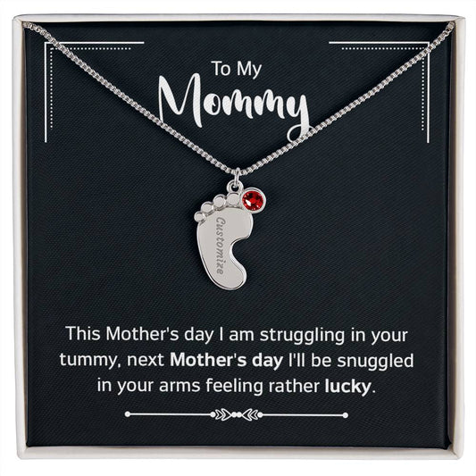 Mommy To Be - Engraved Baby Feet Necklace with Birthstone