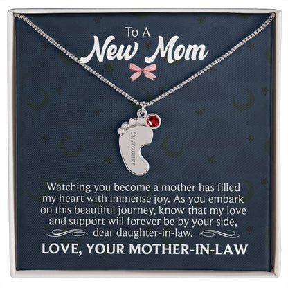 To A New Mom - Engraved Baby Feet Necklace with Birthstone