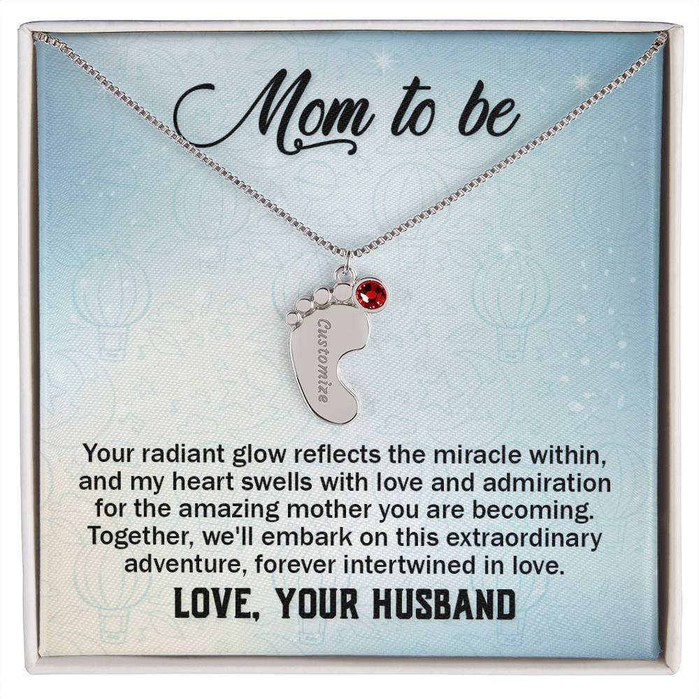 Mom To Be - From Husband - Engraved Baby Feet Necklace with Birthstone