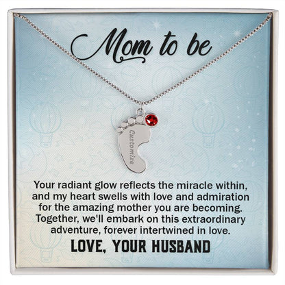 Mom To Be - From Husband - Engraved Baby Feet Necklace with Birthstone