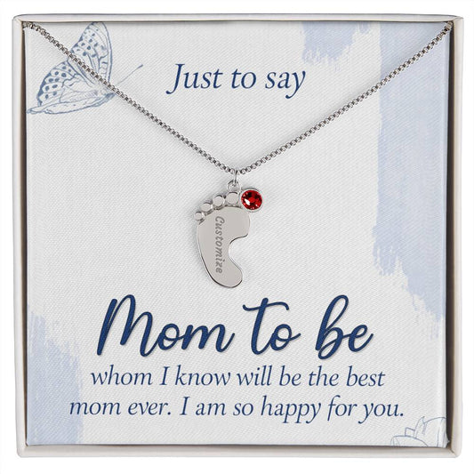 Mom To Be - Engraved Baby Feet Necklace with Birthstone