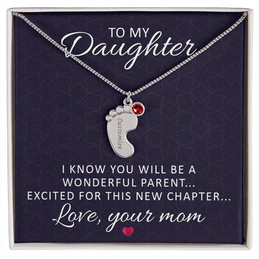 Daughter - Mom To Be - Engraved Baby Feet Necklace with Birthstone