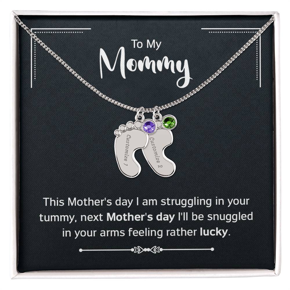 To My Mommy - New Mom - Engraved Baby Feet Necklace with Birthstone