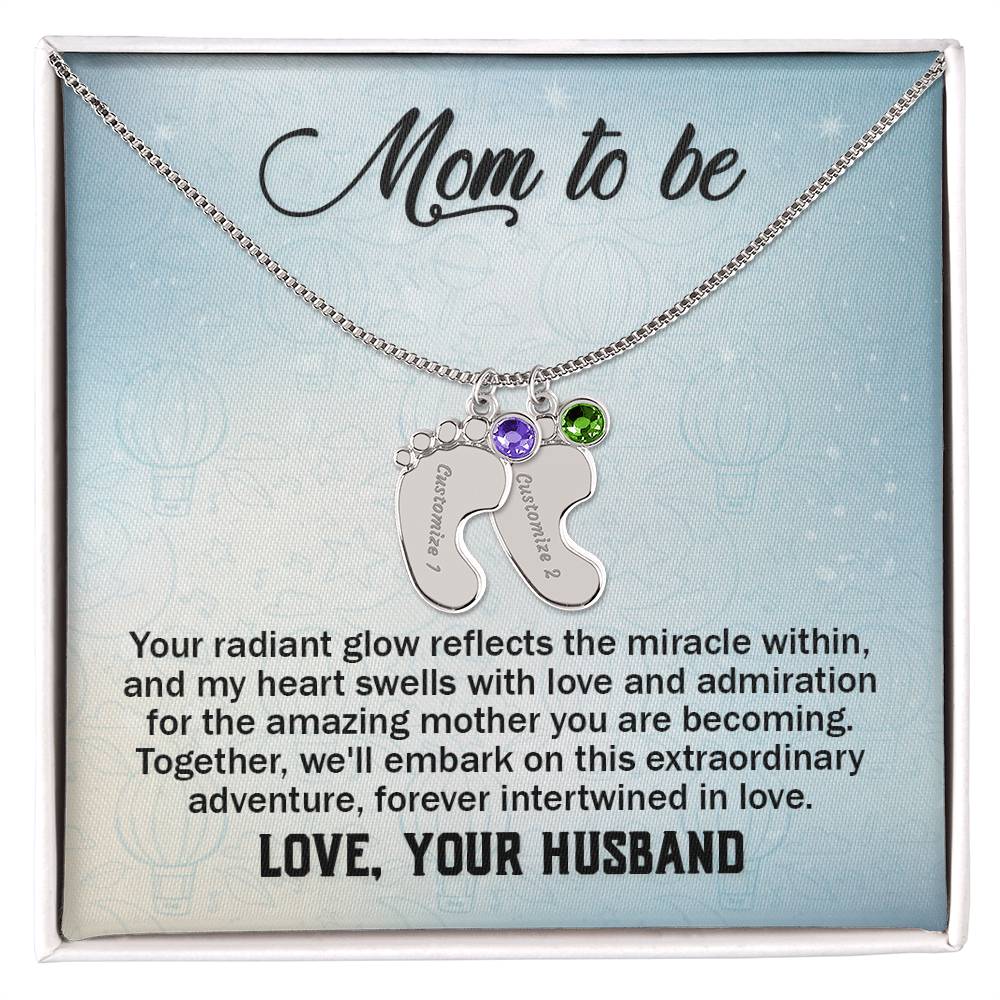 Mom To Be - From Husband - Engraved Baby Feet Necklace with Birthstone