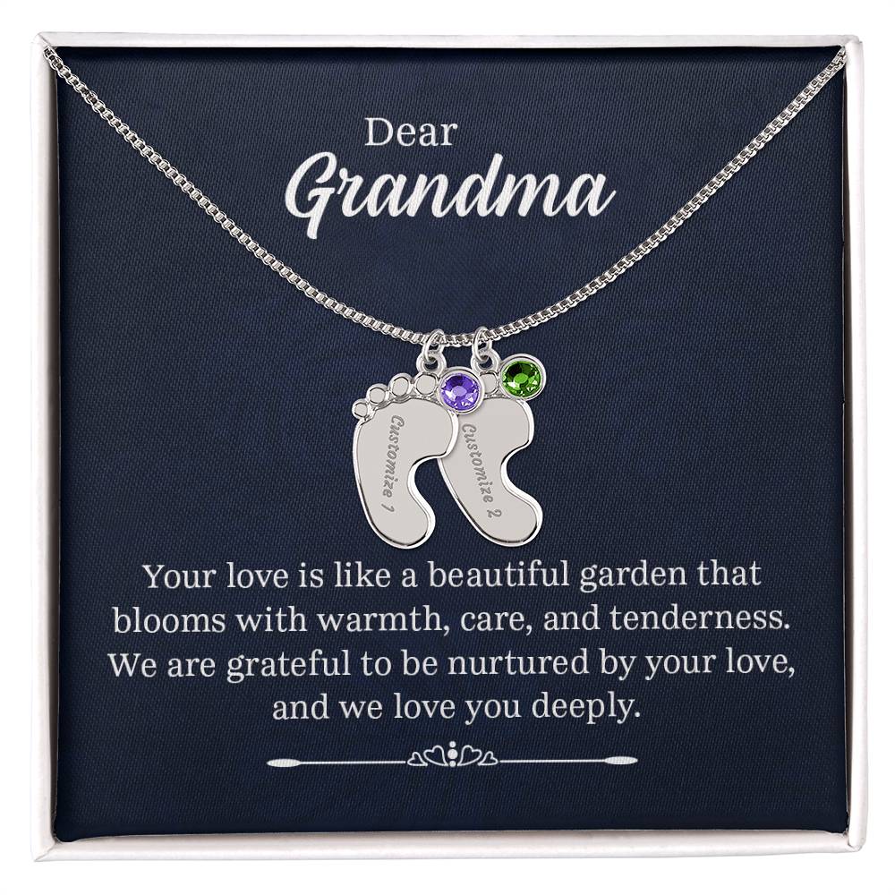 Dear Grandma - Engraved Baby Feet Necklace with Birthstone