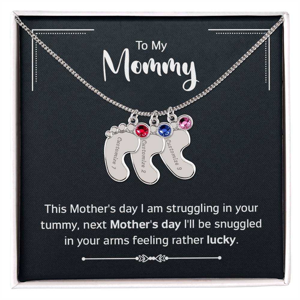 To My Mommy - New Mom - Engraved Baby Feet Necklace with Birthstone