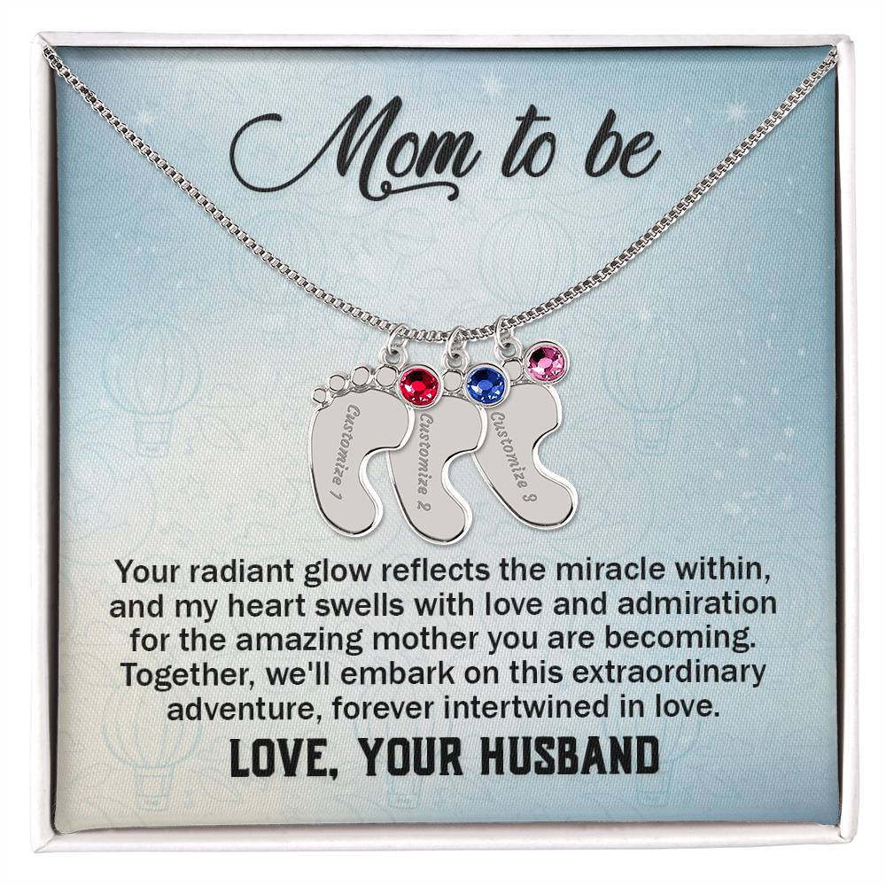 Mom To Be - From Husband - Engraved Baby Feet Necklace with Birthstone