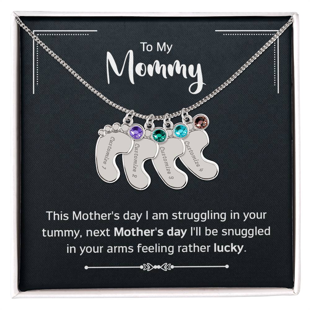 To My Mommy - New Mom - Engraved Baby Feet Necklace with Birthstone