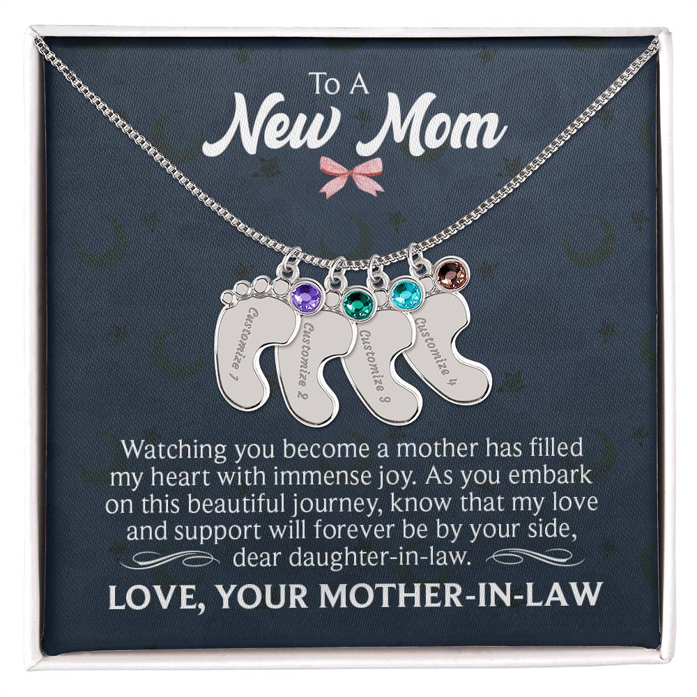 To A New Mom - Engraved Baby Feet Necklace with Birthstone