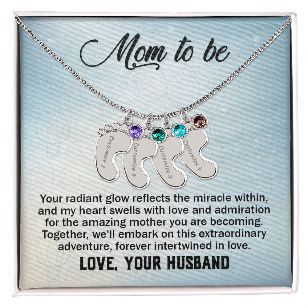 Mom To Be - From Husband - Engraved Baby Feet Necklace with Birthstone