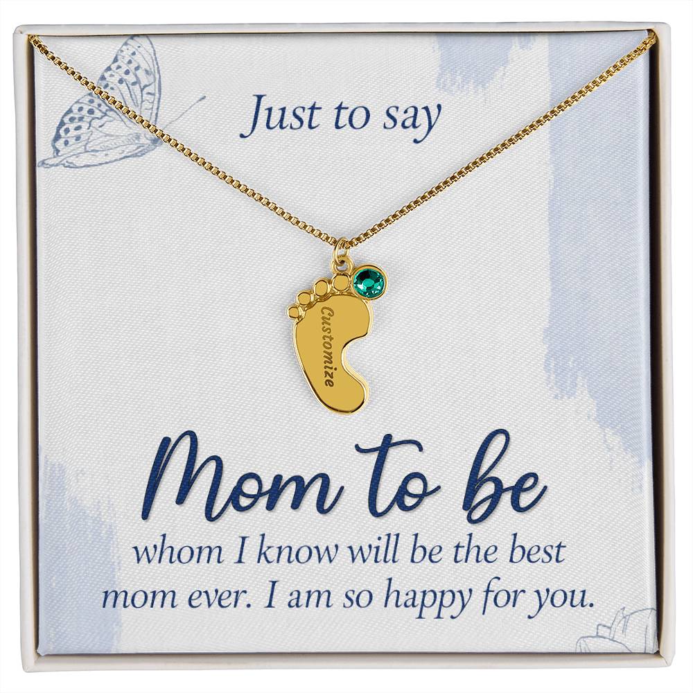 Mom To Be - Engraved Baby Feet Necklace with Birthstone