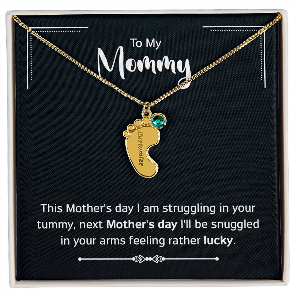 To My Mommy - New Mom - Engraved Baby Feet Necklace with Birthstone