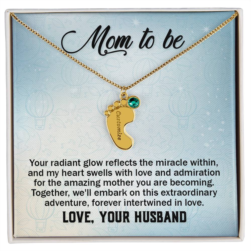 Mom To Be - From Husband - Engraved Baby Feet Necklace with Birthstone