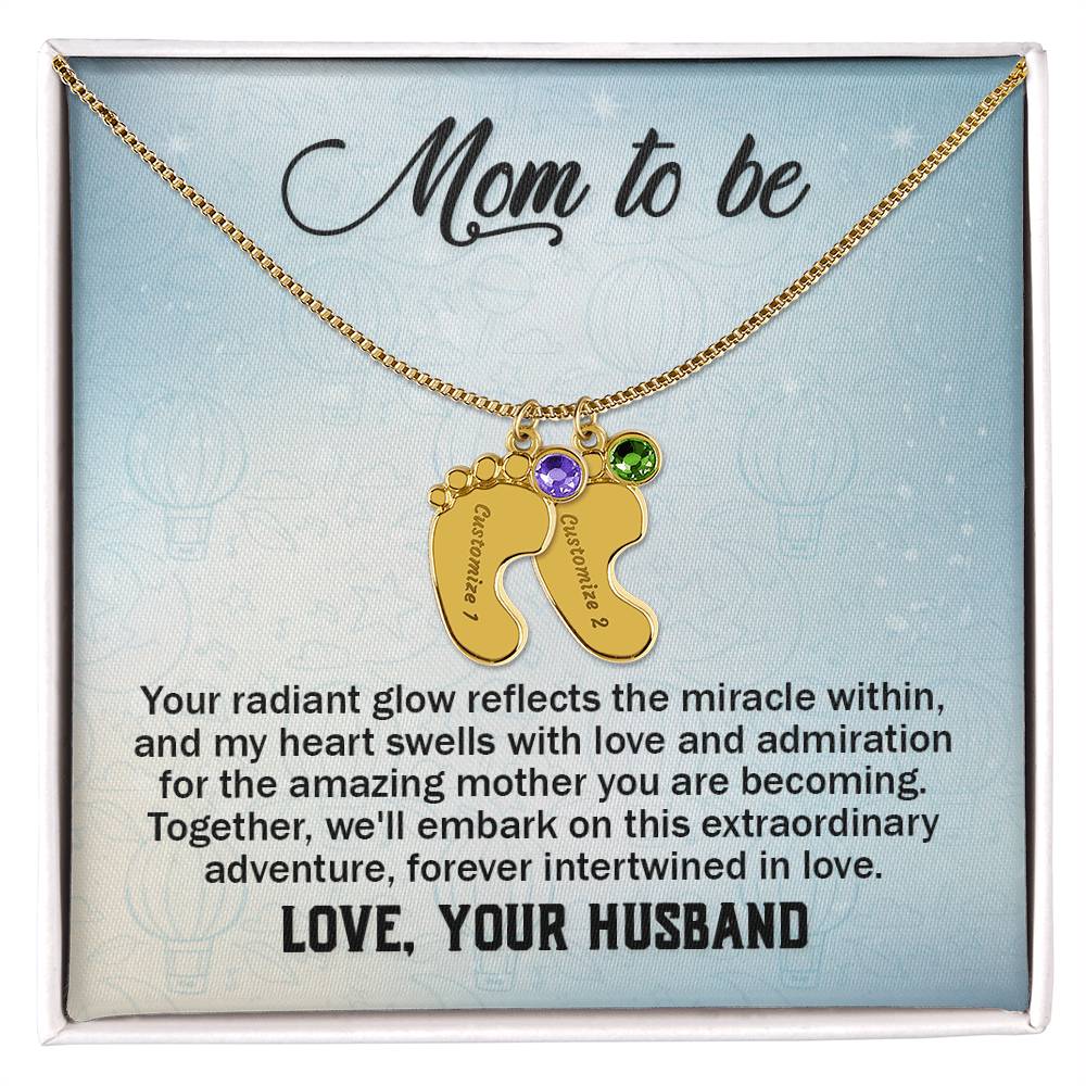 Mom To Be - From Husband - Engraved Baby Feet Necklace with Birthstone