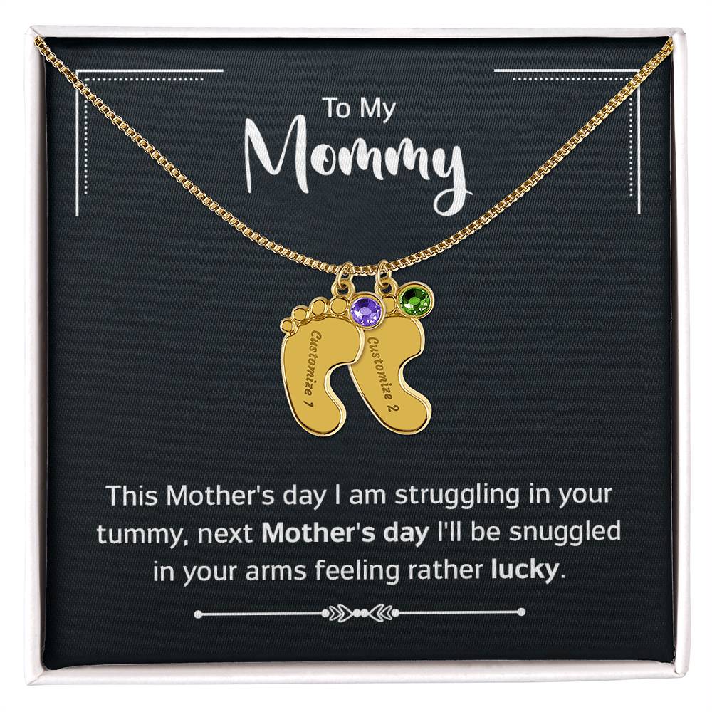 To My Mommy - New Mom - Engraved Baby Feet Necklace with Birthstone