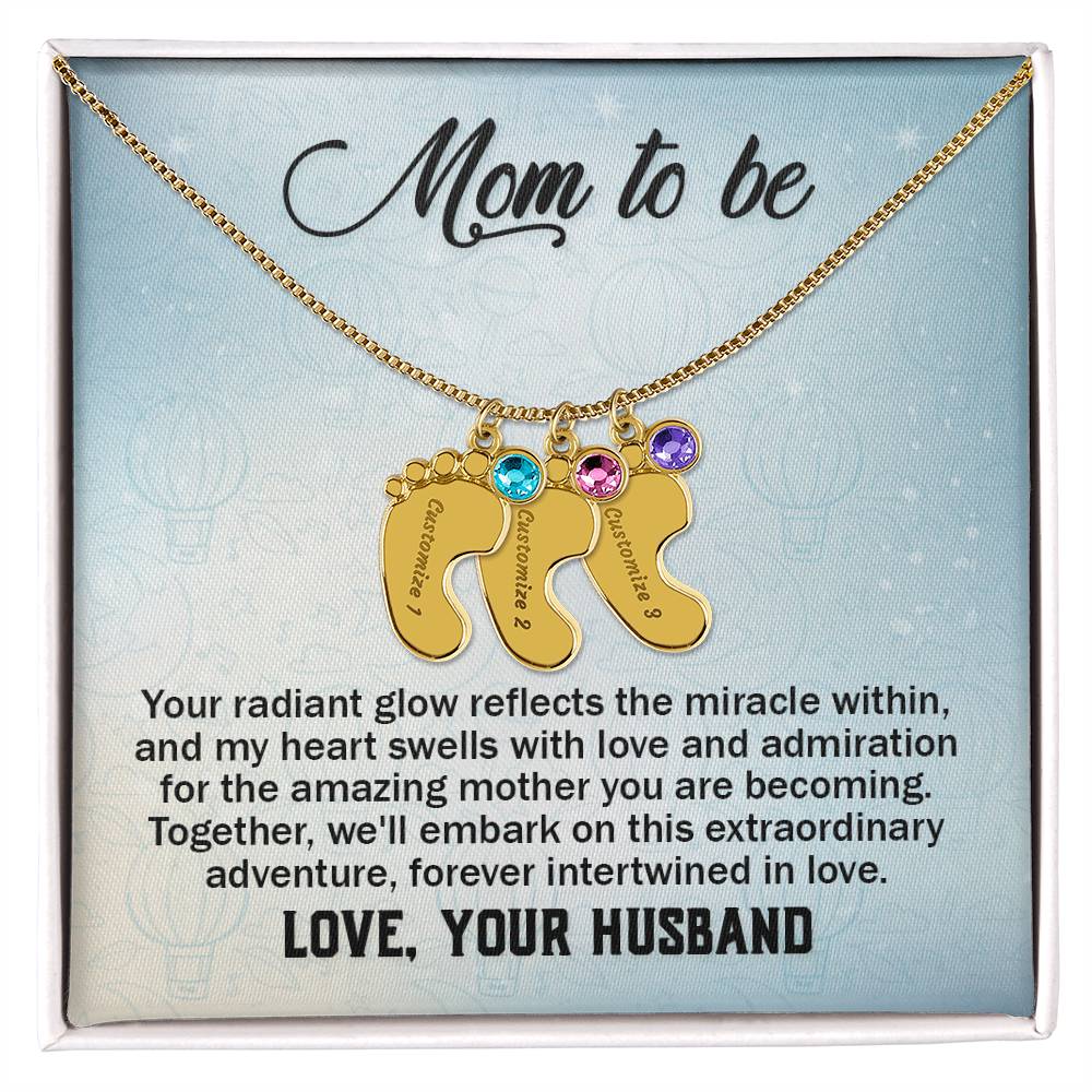 Mom To Be - From Husband - Engraved Baby Feet Necklace with Birthstone