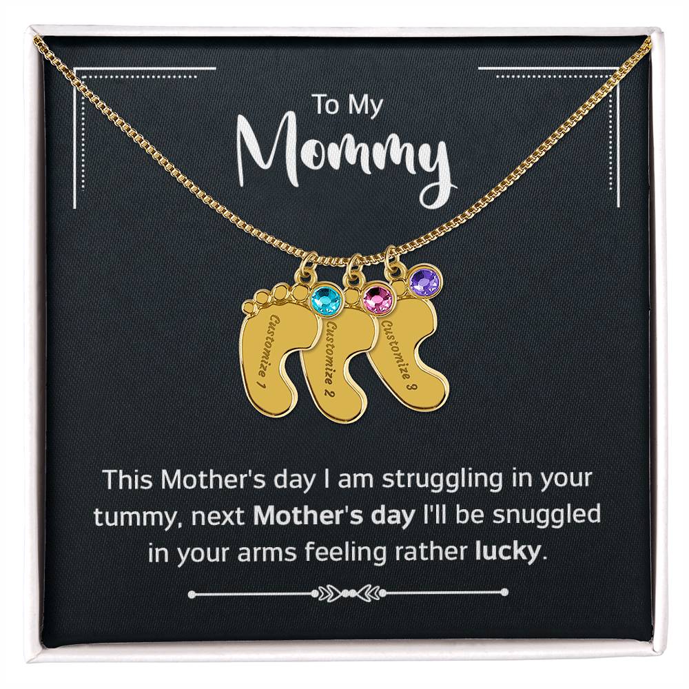 To My Mommy - New Mom - Engraved Baby Feet Necklace with Birthstone