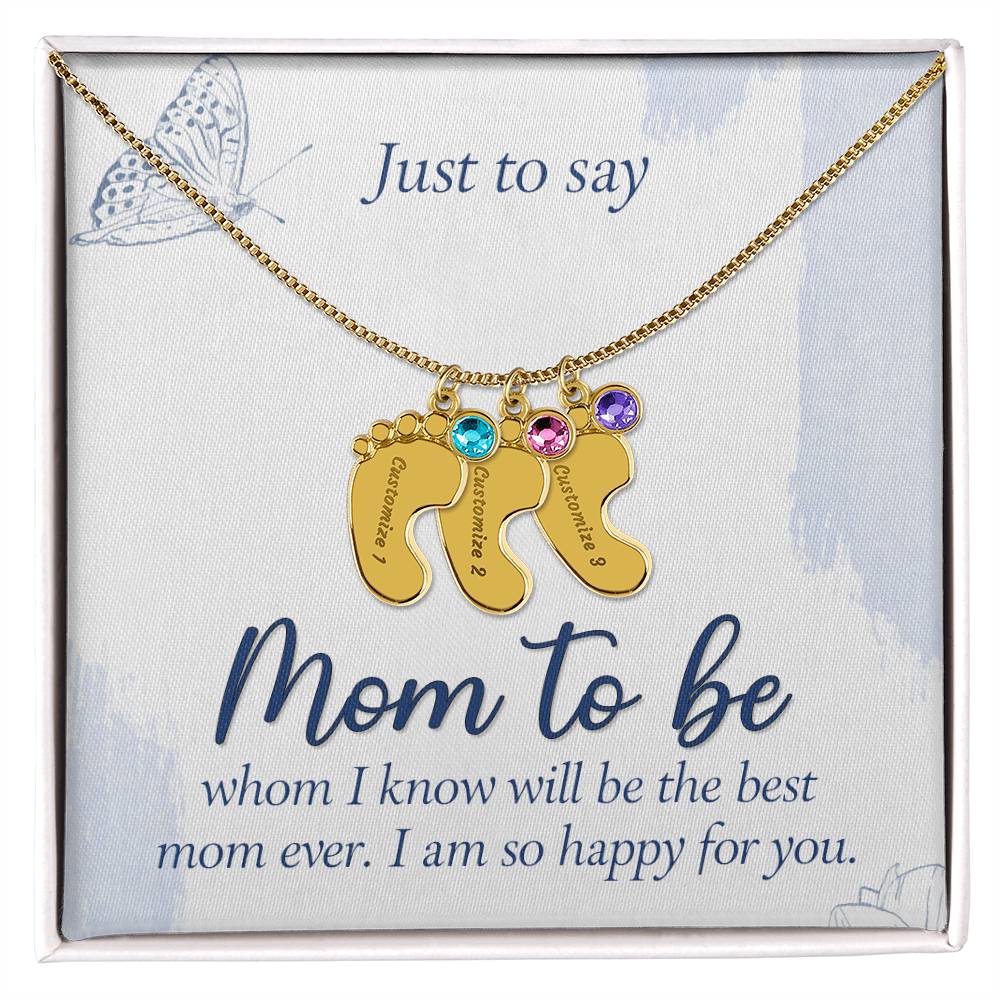 Mom To Be - Engraved Baby Feet Necklace with Birthstone