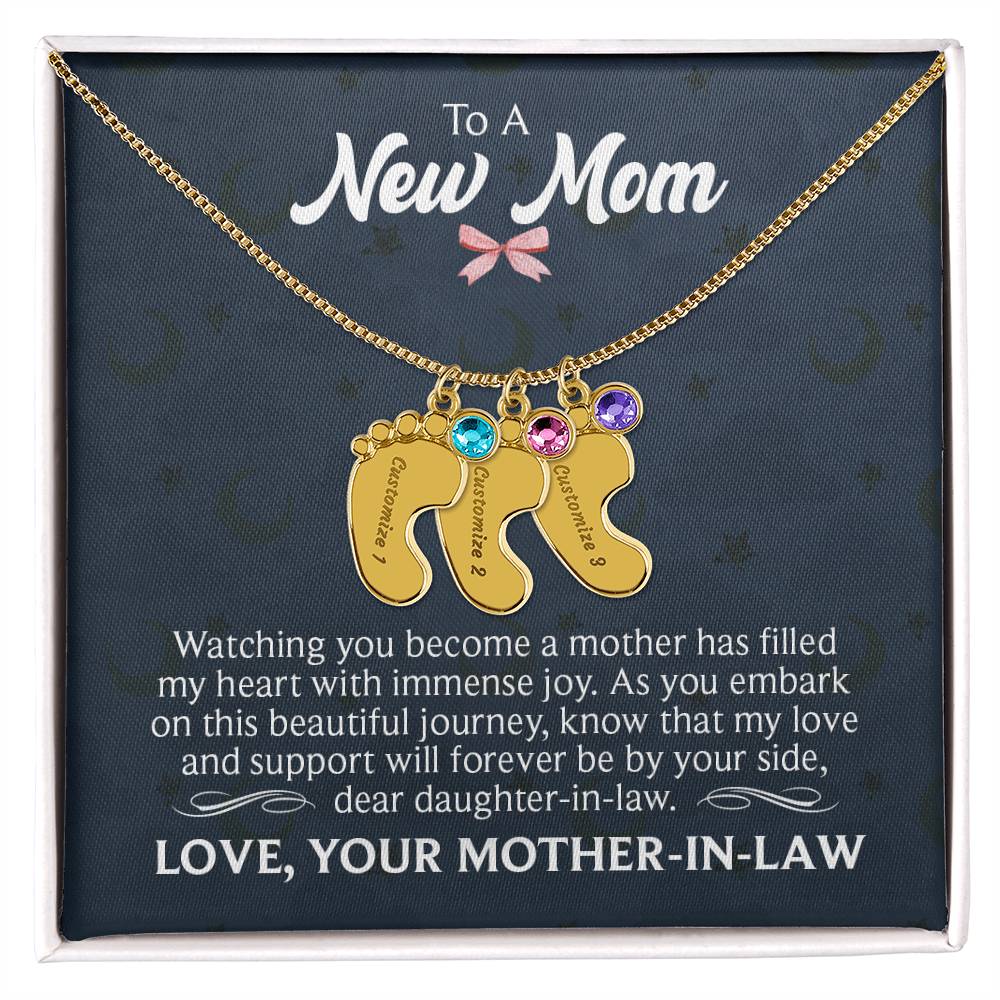 To A New Mom - Engraved Baby Feet Necklace with Birthstone