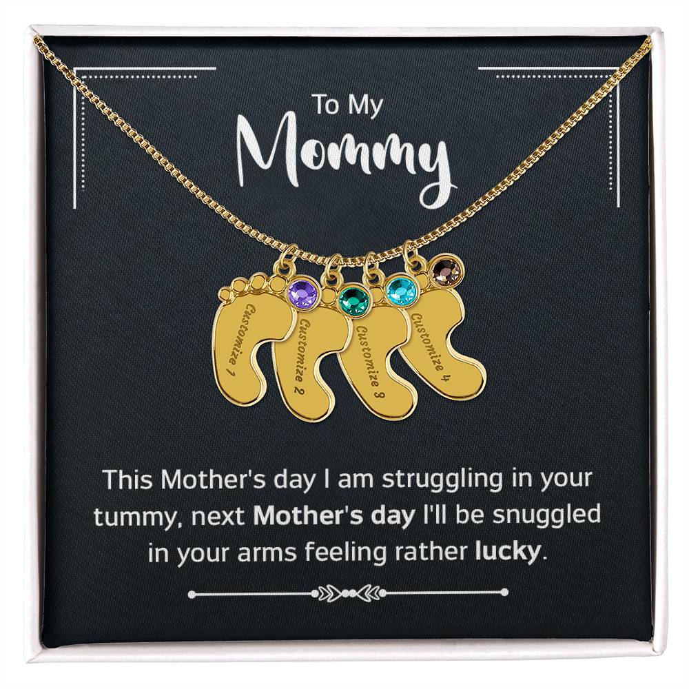 To My Mommy - New Mom - Engraved Baby Feet Necklace with Birthstone