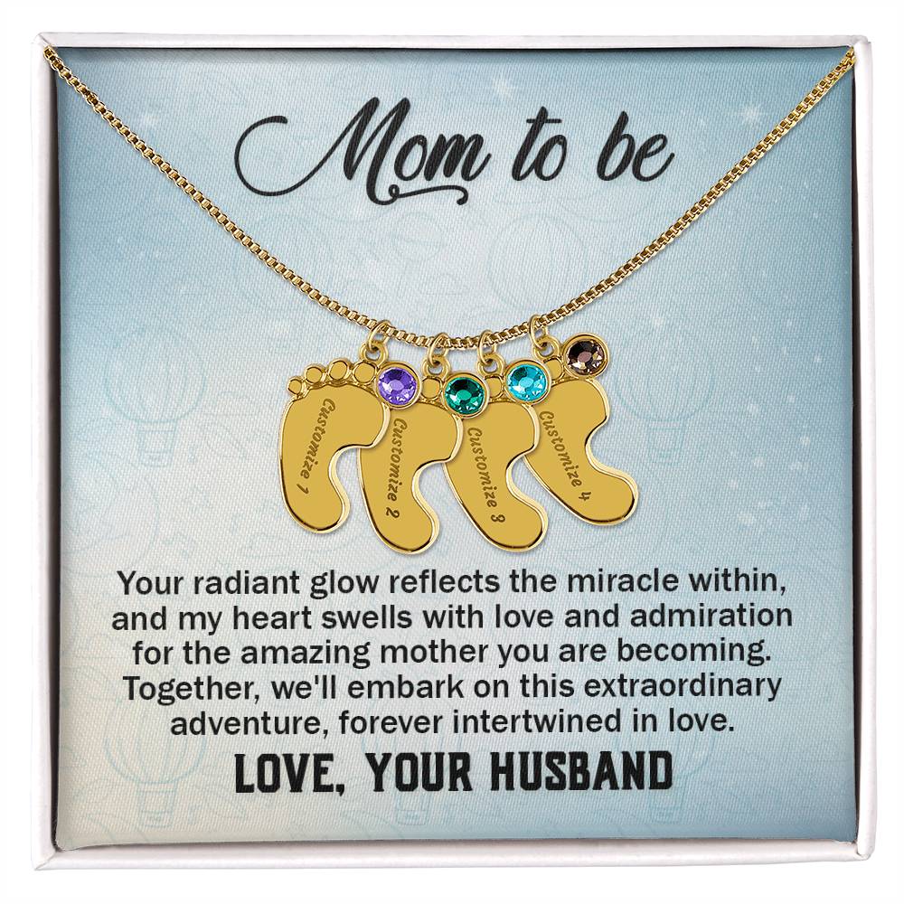 Mom To Be - From Husband - Engraved Baby Feet Necklace with Birthstone