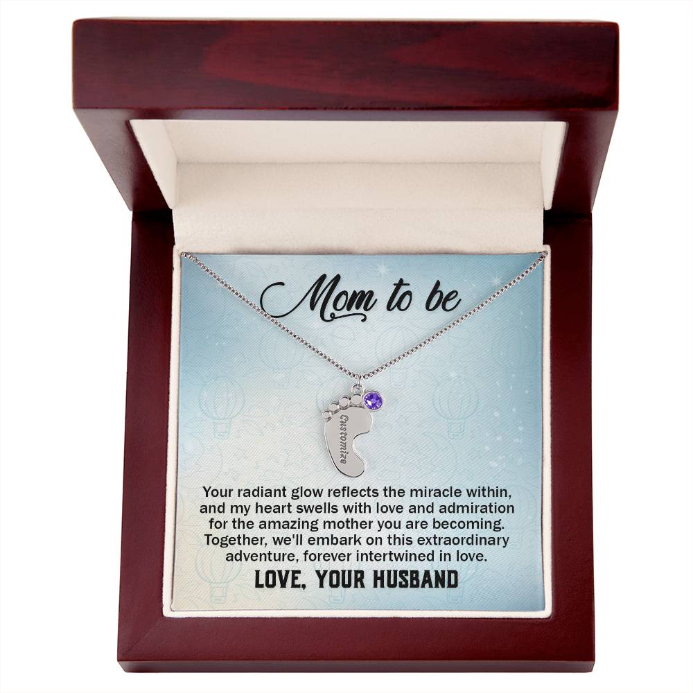 Mom To Be - From Husband - Engraved Baby Feet Necklace with Birthstone