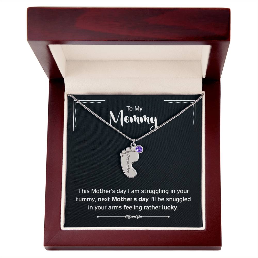 To My Mommy - New Mom - Engraved Baby Feet Necklace with Birthstone