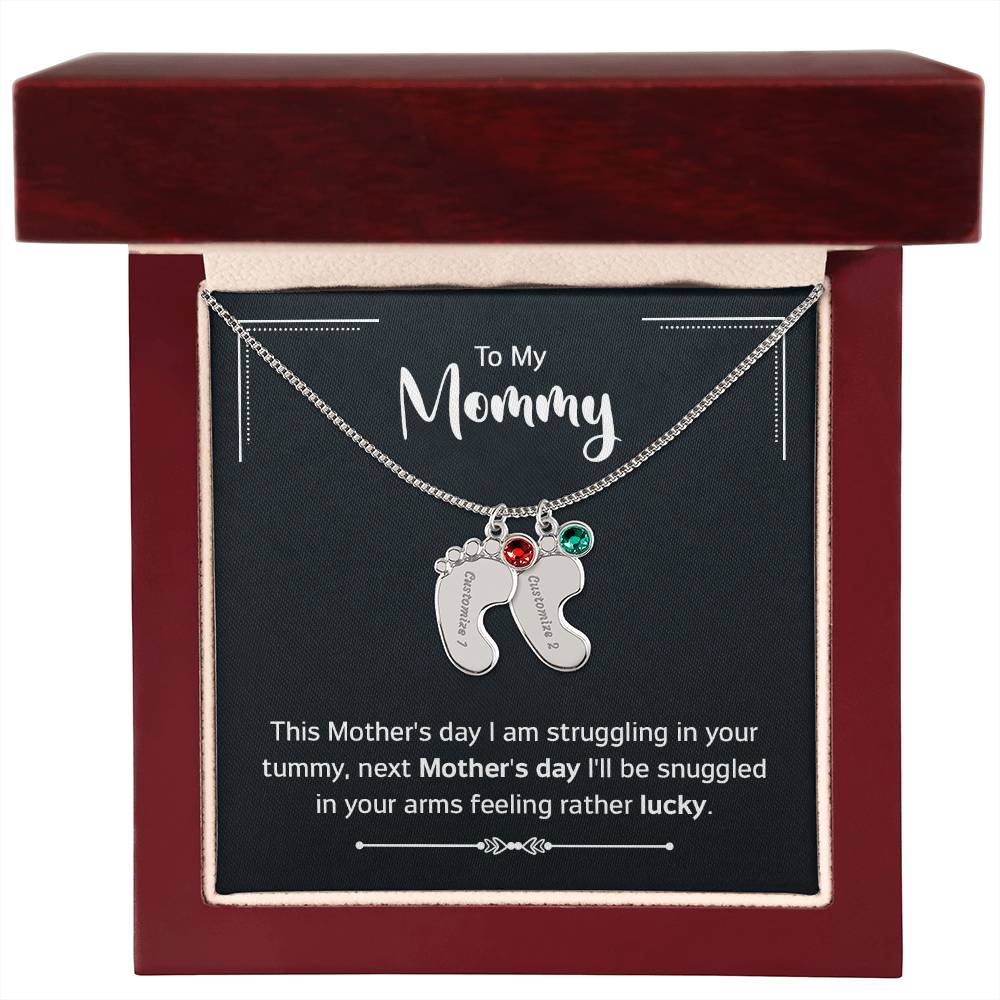 To My Mommy - New Mom - Engraved Baby Feet Necklace with Birthstone