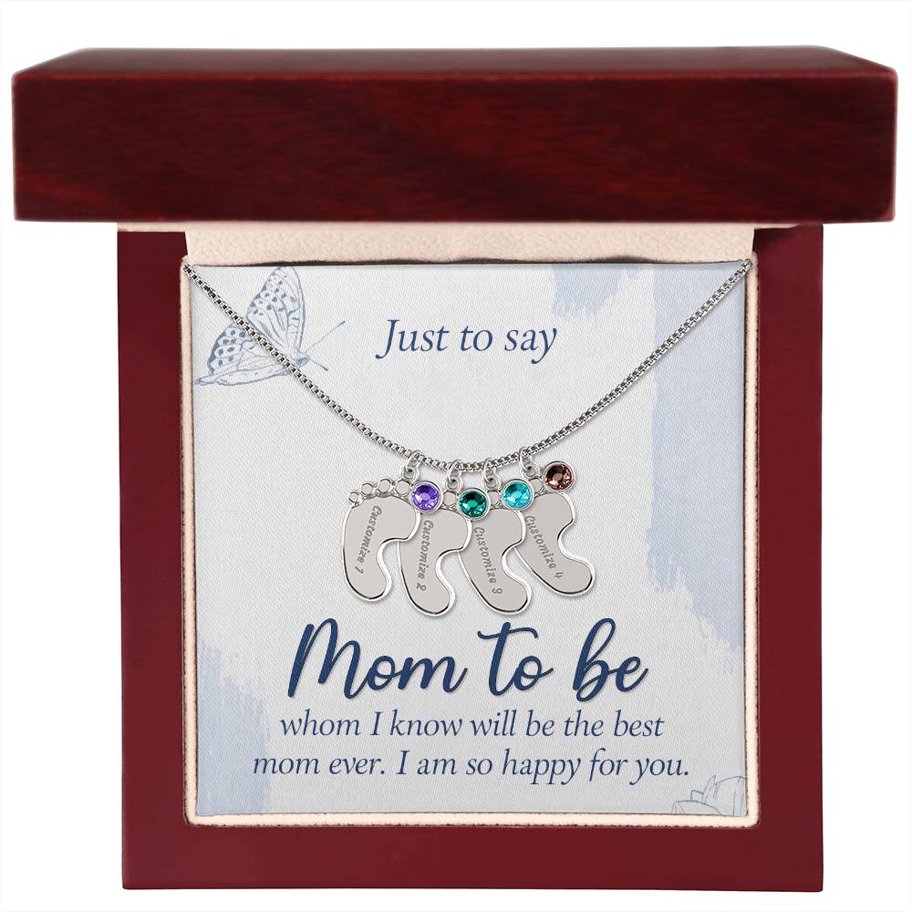 Mom To Be - Engraved Baby Feet Necklace with Birthstone