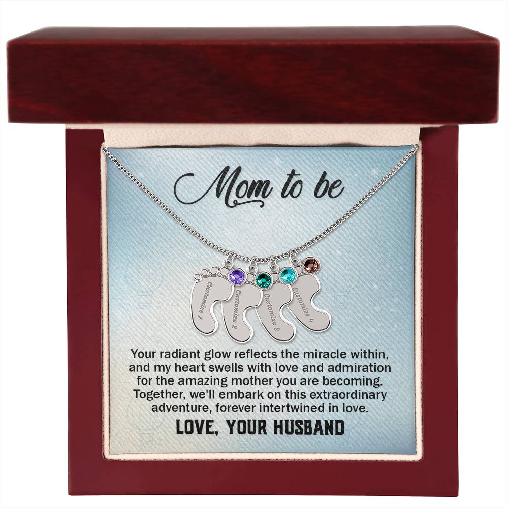 Mom To Be - From Husband - Engraved Baby Feet Necklace with Birthstone