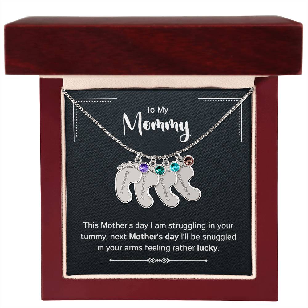 To My Mommy - New Mom - Engraved Baby Feet Necklace with Birthstone