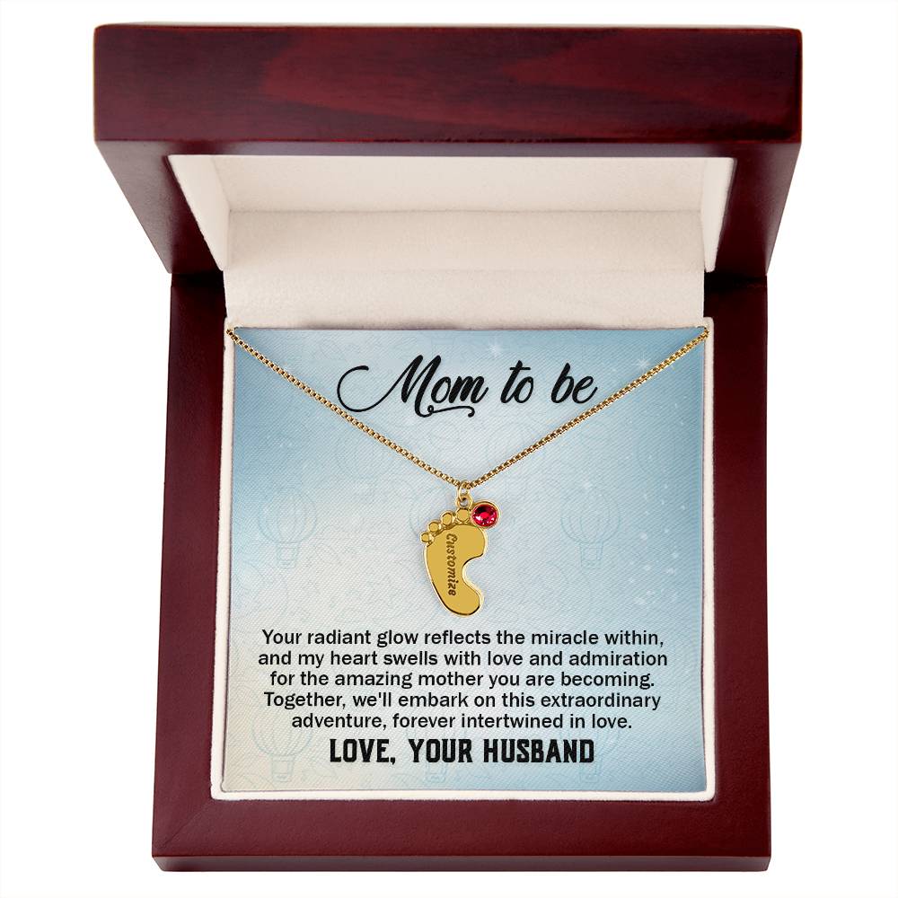 Mom To Be - From Husband - Engraved Baby Feet Necklace with Birthstone