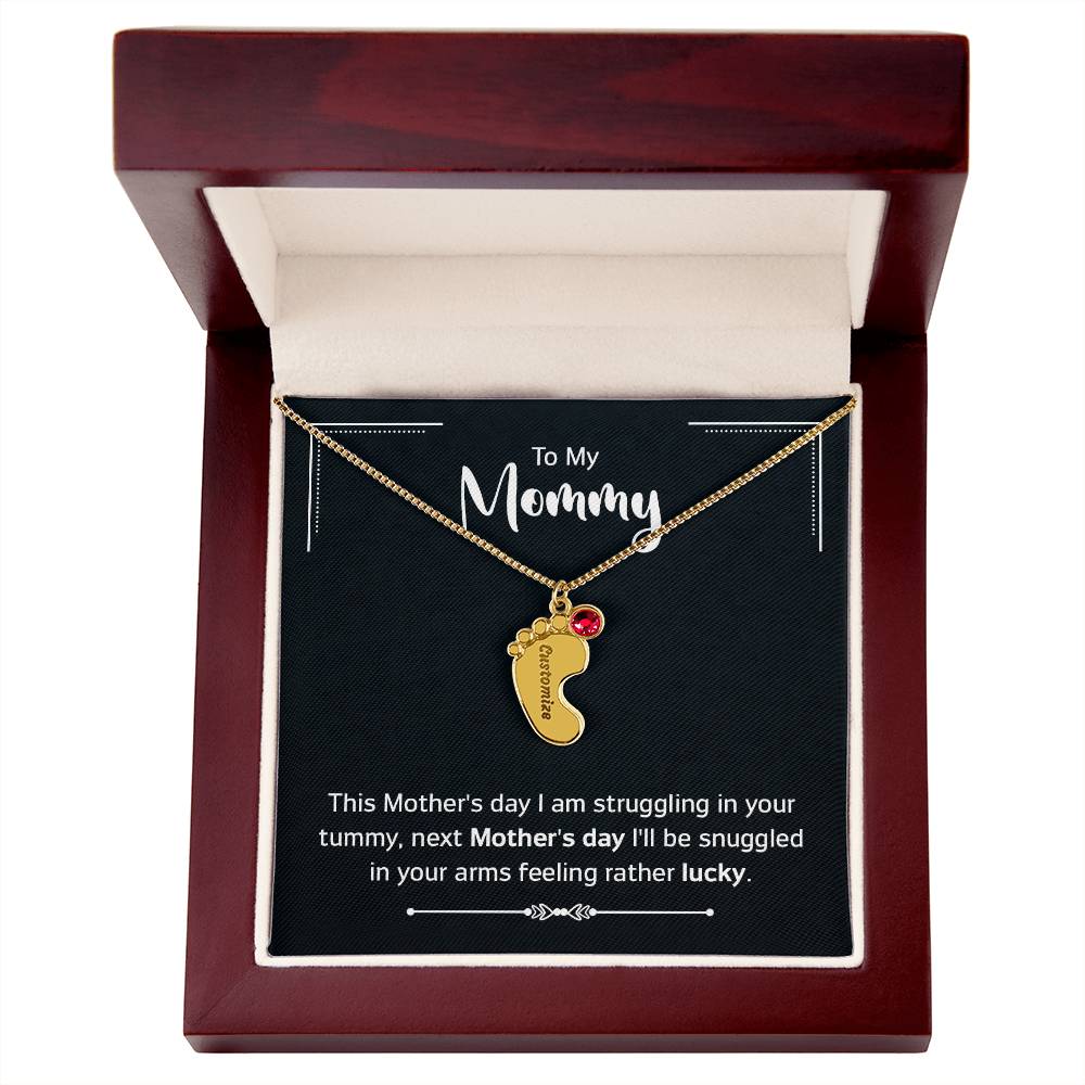 To My Mommy - New Mom - Engraved Baby Feet Necklace with Birthstone