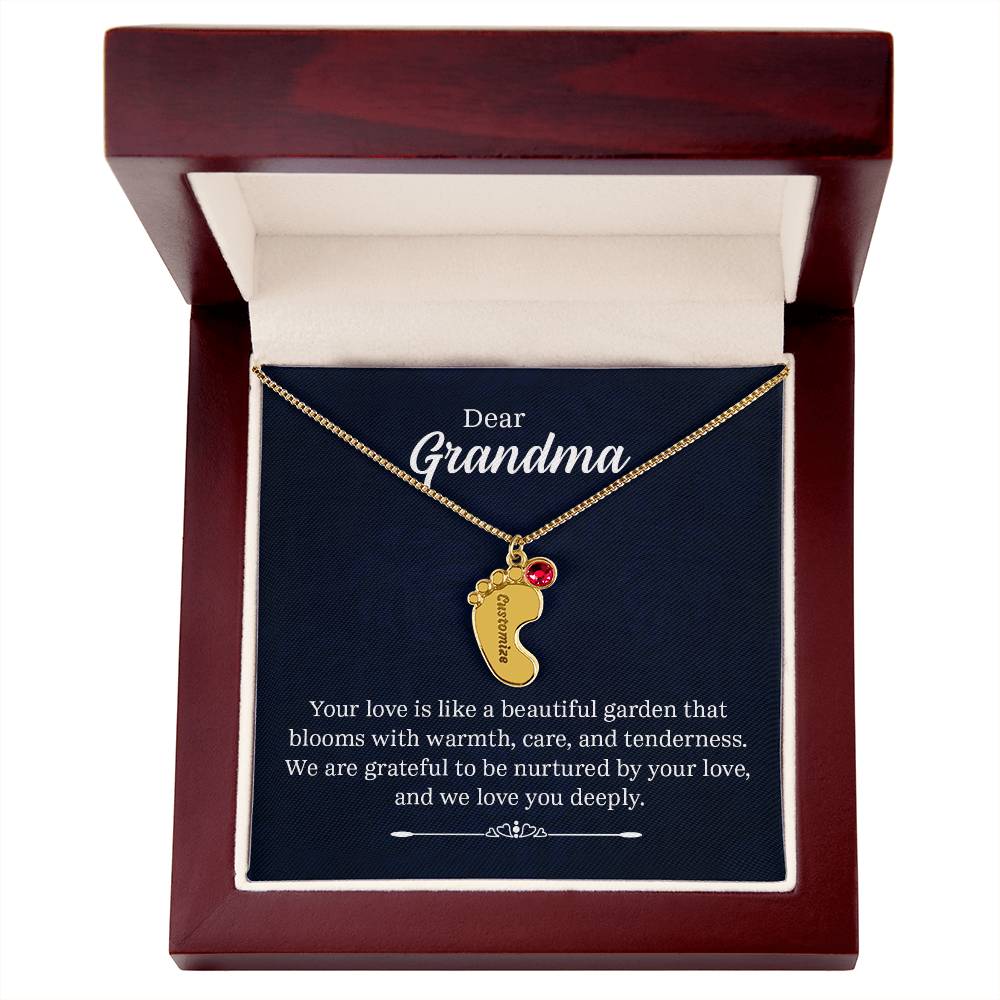 Dear Grandma - Engraved Baby Feet Necklace with Birthstone