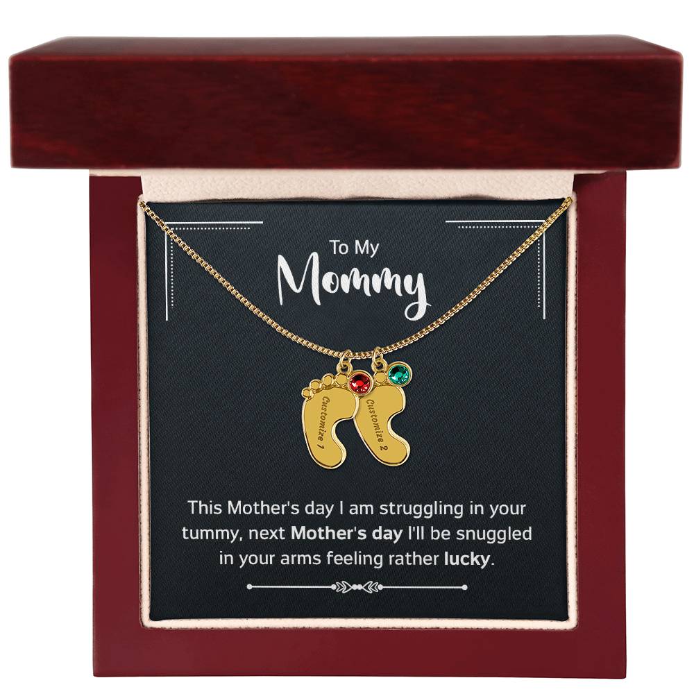 To My Mommy - New Mom - Engraved Baby Feet Necklace with Birthstone