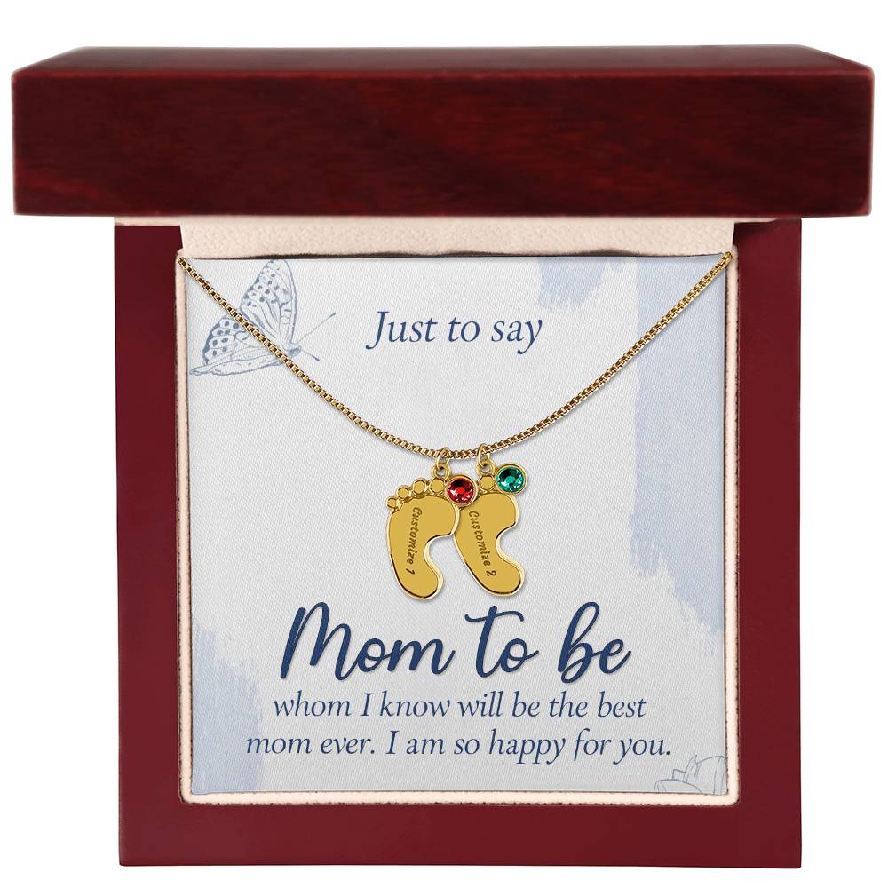 Mom To Be - Engraved Baby Feet Necklace with Birthstone