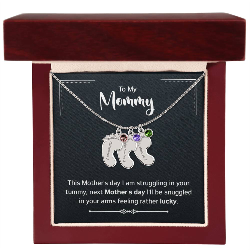 To My Mommy - New Mom - Engraved Baby Feet Necklace with Birthstone