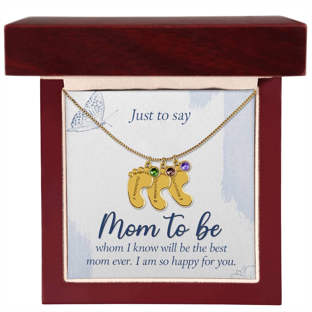 Mom To Be - Engraved Baby Feet Necklace with Birthstone