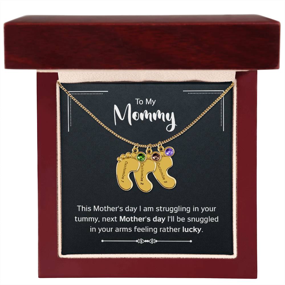 To My Mommy - New Mom - Engraved Baby Feet Necklace with Birthstone