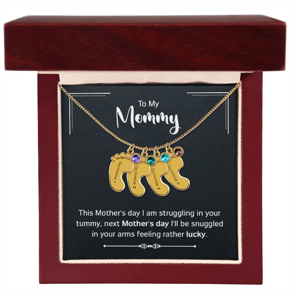 To My Mommy - New Mom - Engraved Baby Feet Necklace with Birthstone