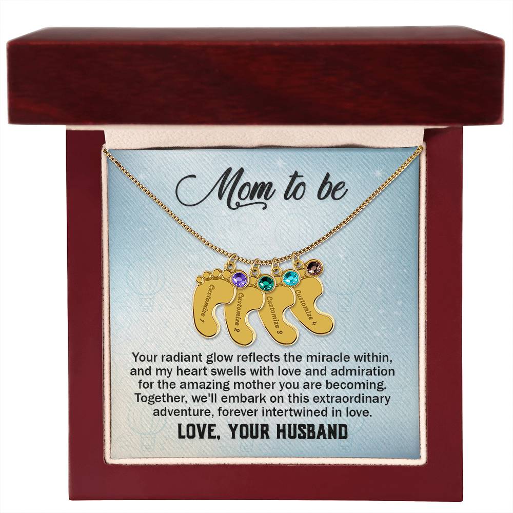 Mom To Be - From Husband - Engraved Baby Feet Necklace with Birthstone