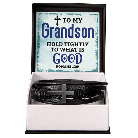 To My Grandson- Men's Cross Leather Bracelet