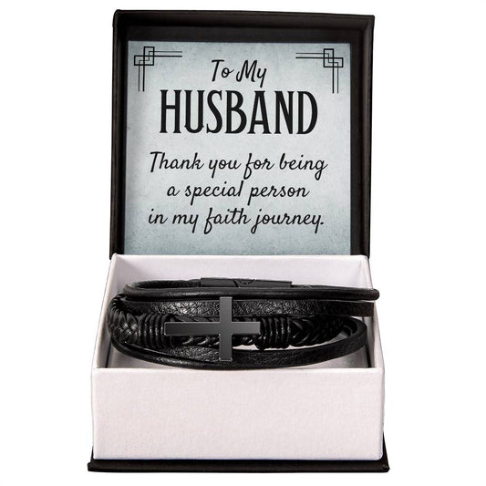 To My Husband - Men's Cross Leather Bracelet