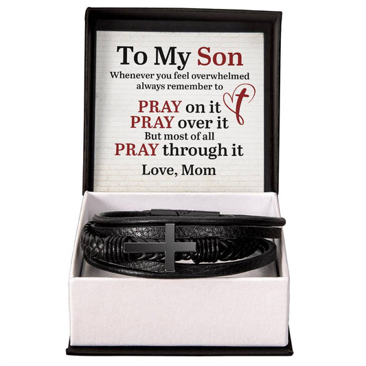 To My Son- Men's Cross Leather Bracelet