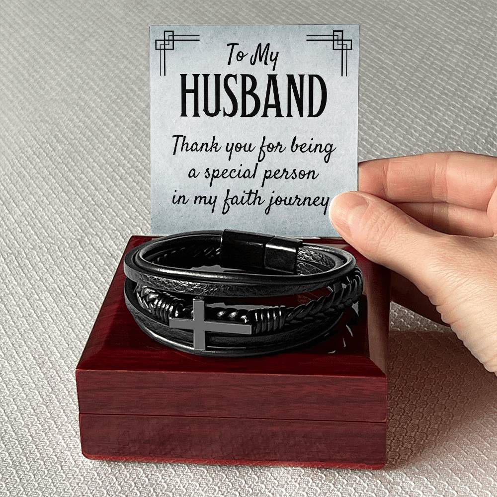 To My Husband - Men's Cross Leather Bracelet