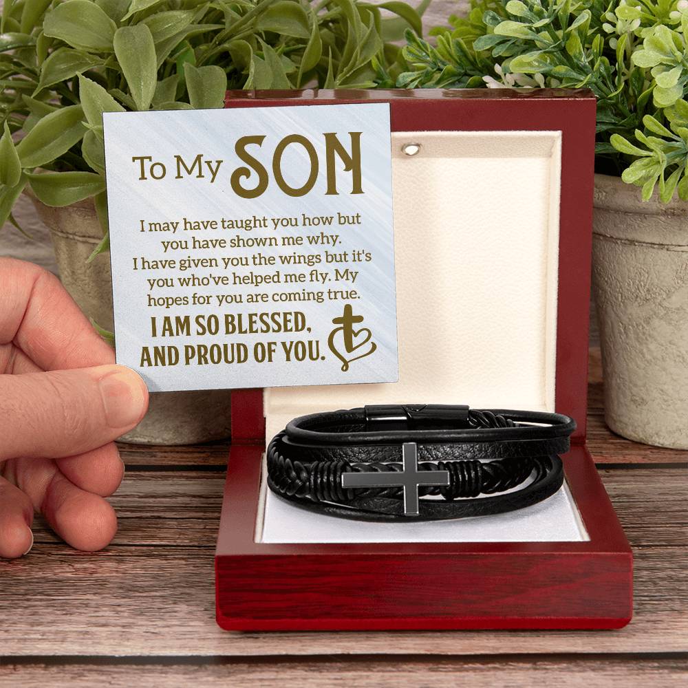 To My Son - Men's Cross Leather Bracelet